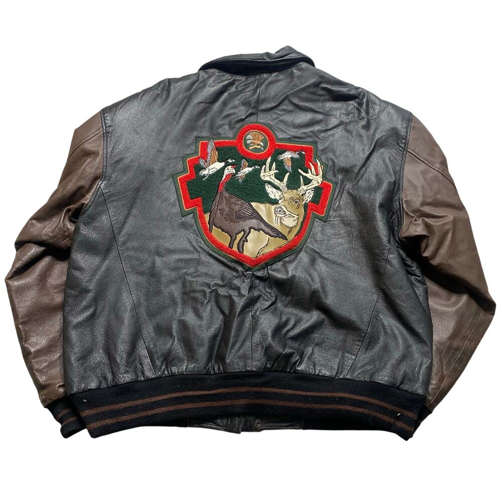 Vintage North American Hunting Club Life Member Brown Black Leather Jacket XL